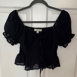 She + Sky Black Ruffle Puff Sleeve Blouse